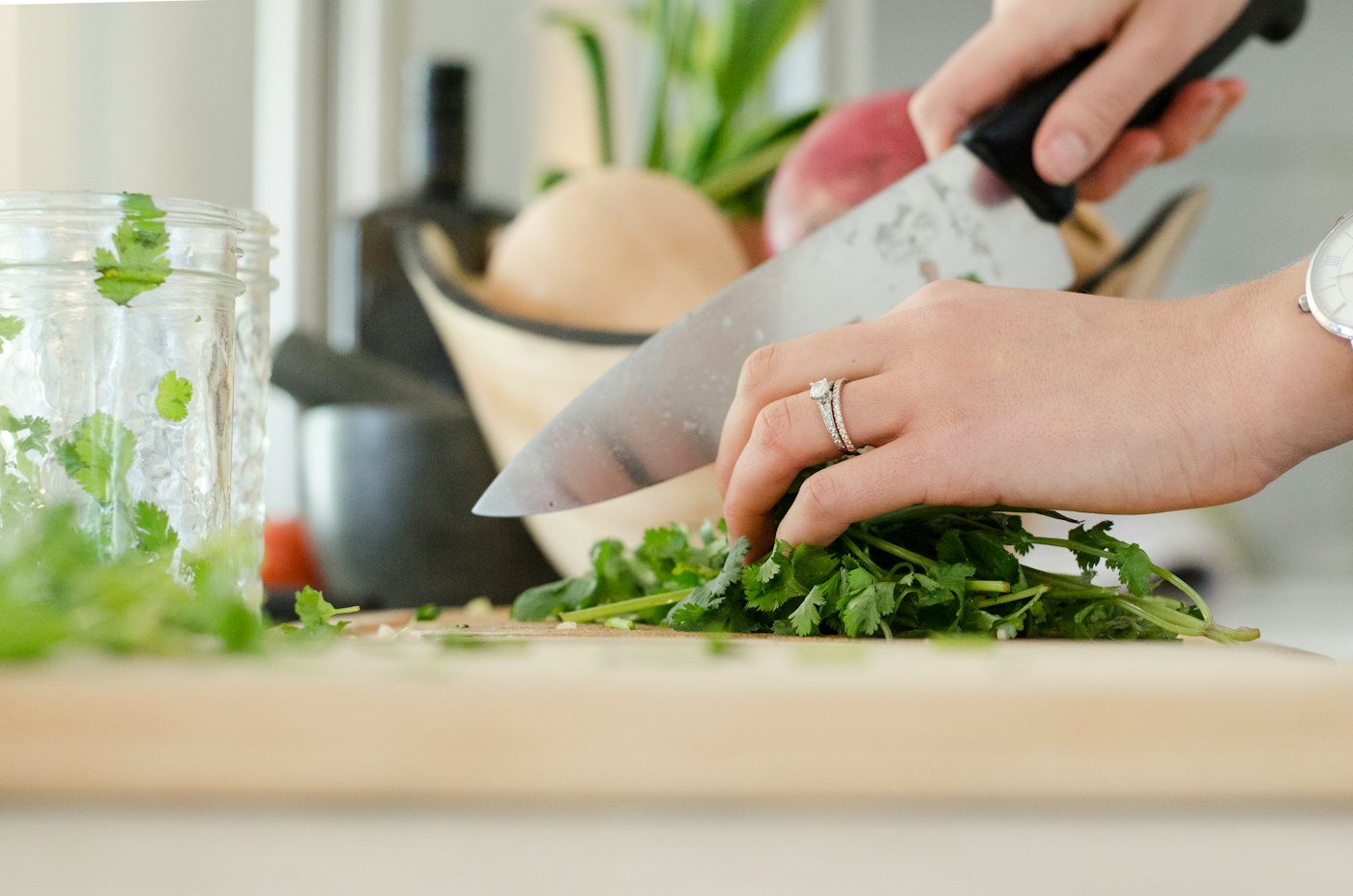 Fresh herbs being chopped